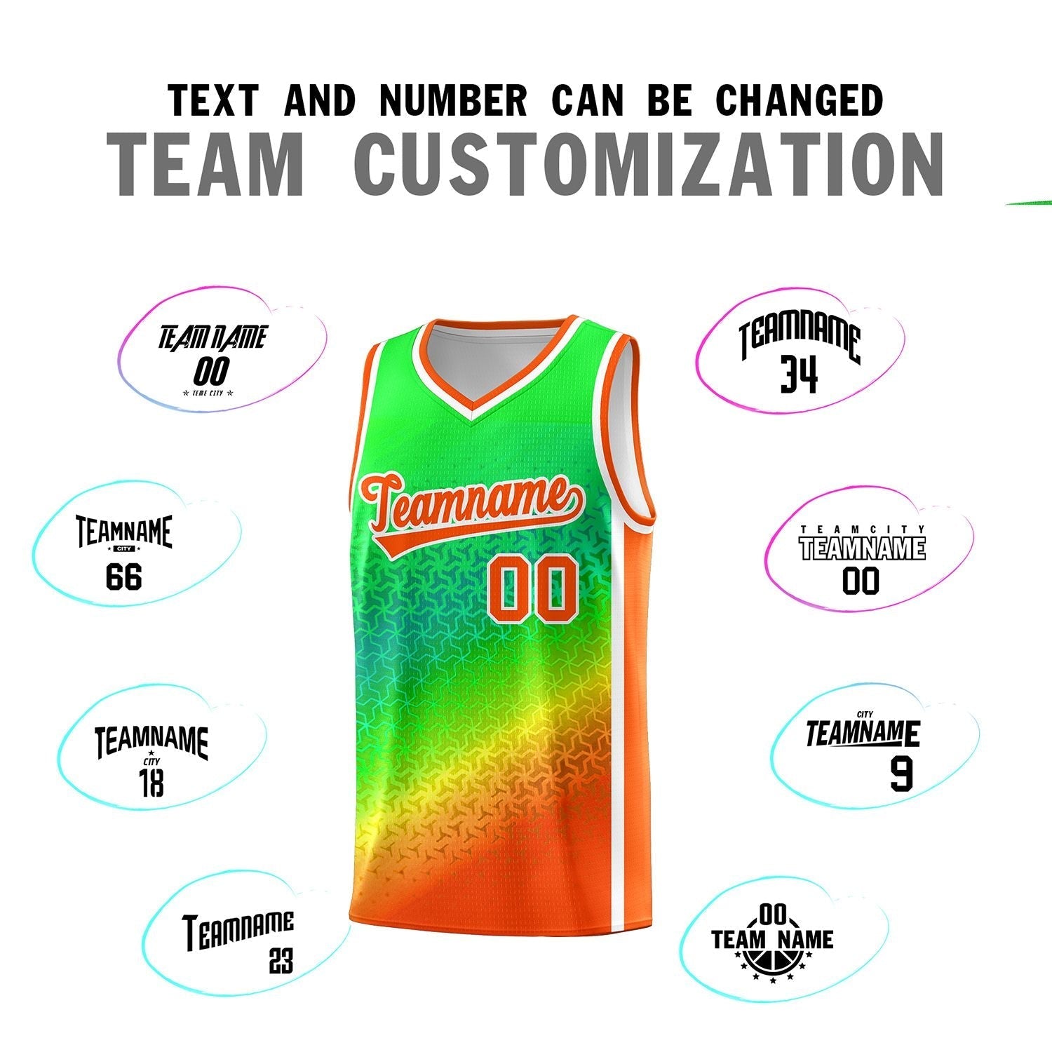 Custom Light Green Orange Gradient Design Irregular Shapes Pattern Sports Uniform Basketball Jersey