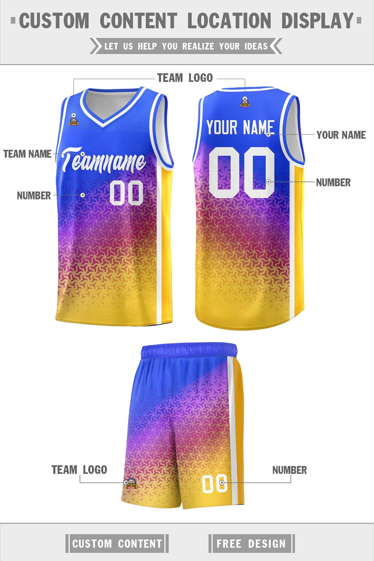 Custom Royal Purple-Gold Gradient Design Irregular Shapes Pattern Sports Uniform Basketball Jersey