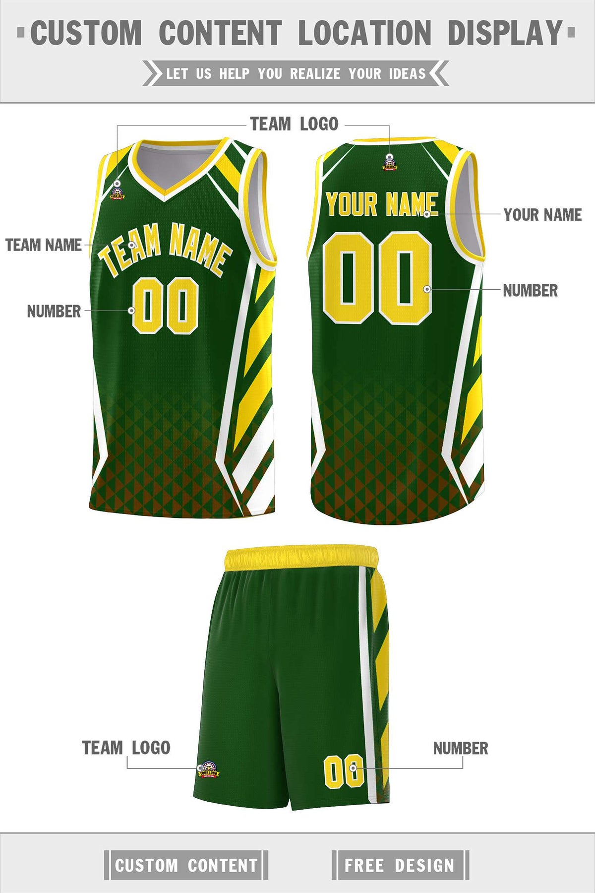Custom Green Gold Diamond Pattern Side Slash Sports Uniform Basketball Jersey