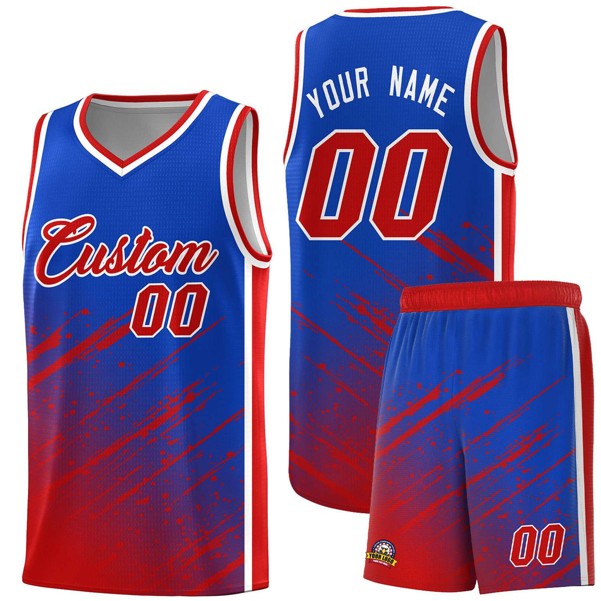Custom Royal Basketball Kits With Red Paint Graffiti
