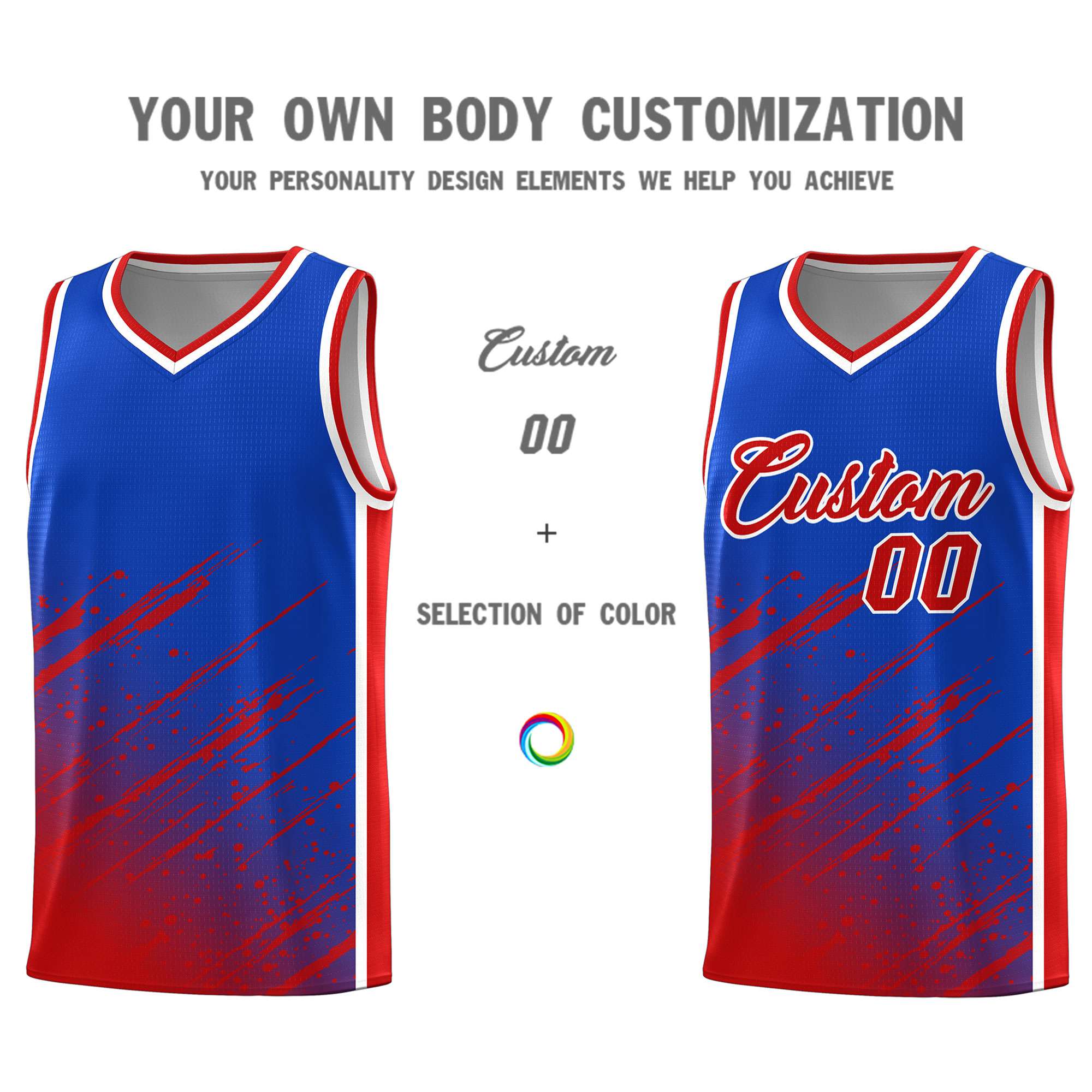 Custom Royal Basketball Kits With Red Paint Graffiti