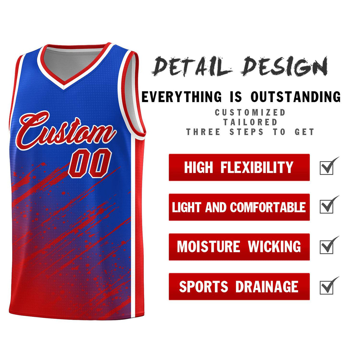 Custom Royal Basketball Kits With Red Paint Graffiti