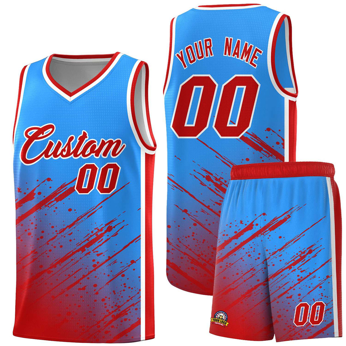 Custom Powder Blue Basketball Kits With Red Paint Graffiti