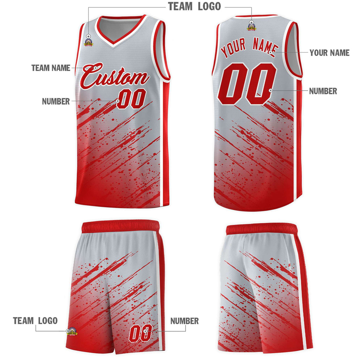 Custom Gray Basketball Kits With Red Paint Graffiti