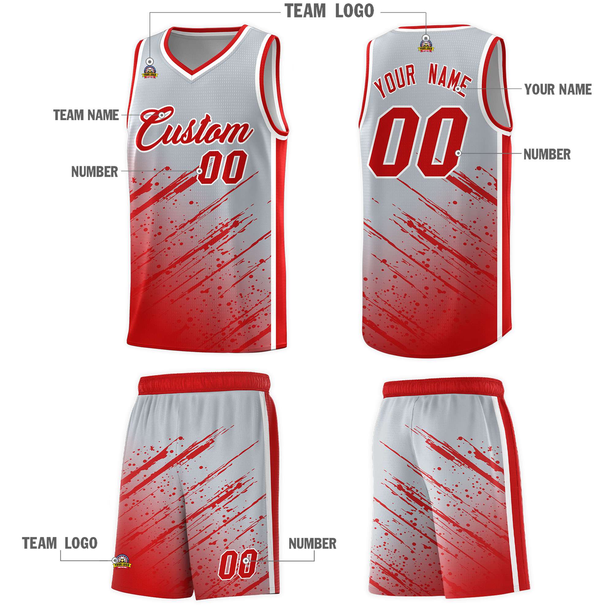 Custom Gray Basketball Kits With Red Paint Graffiti