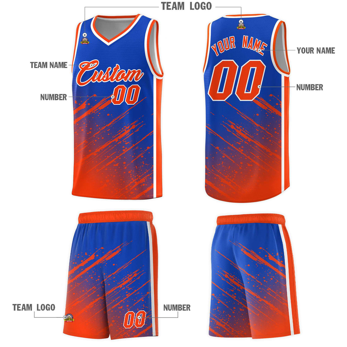 Custom Royal Basketball Kits With Orange Paint Graffiti
