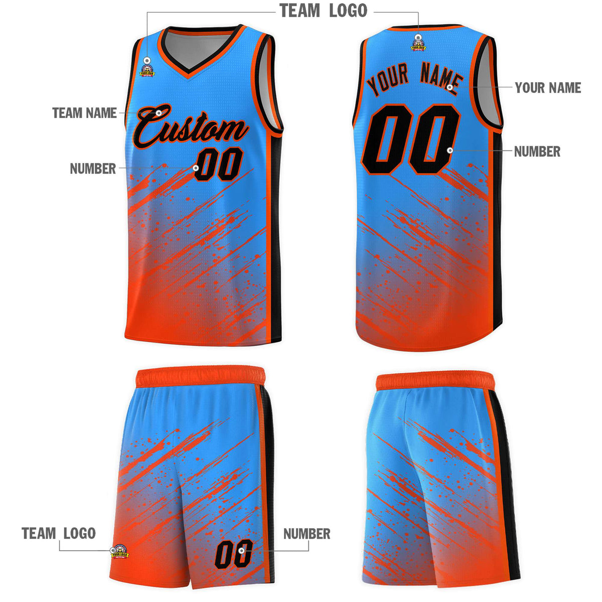 Custom Powder Blue Basketball Kits With Orange Paint Graffiti