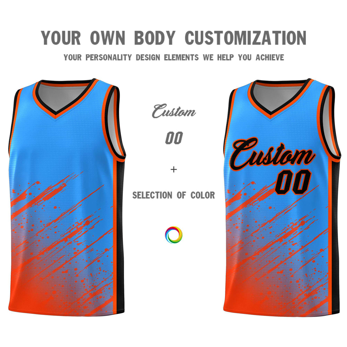 Custom Powder Blue Basketball Kits With Orange Paint Graffiti