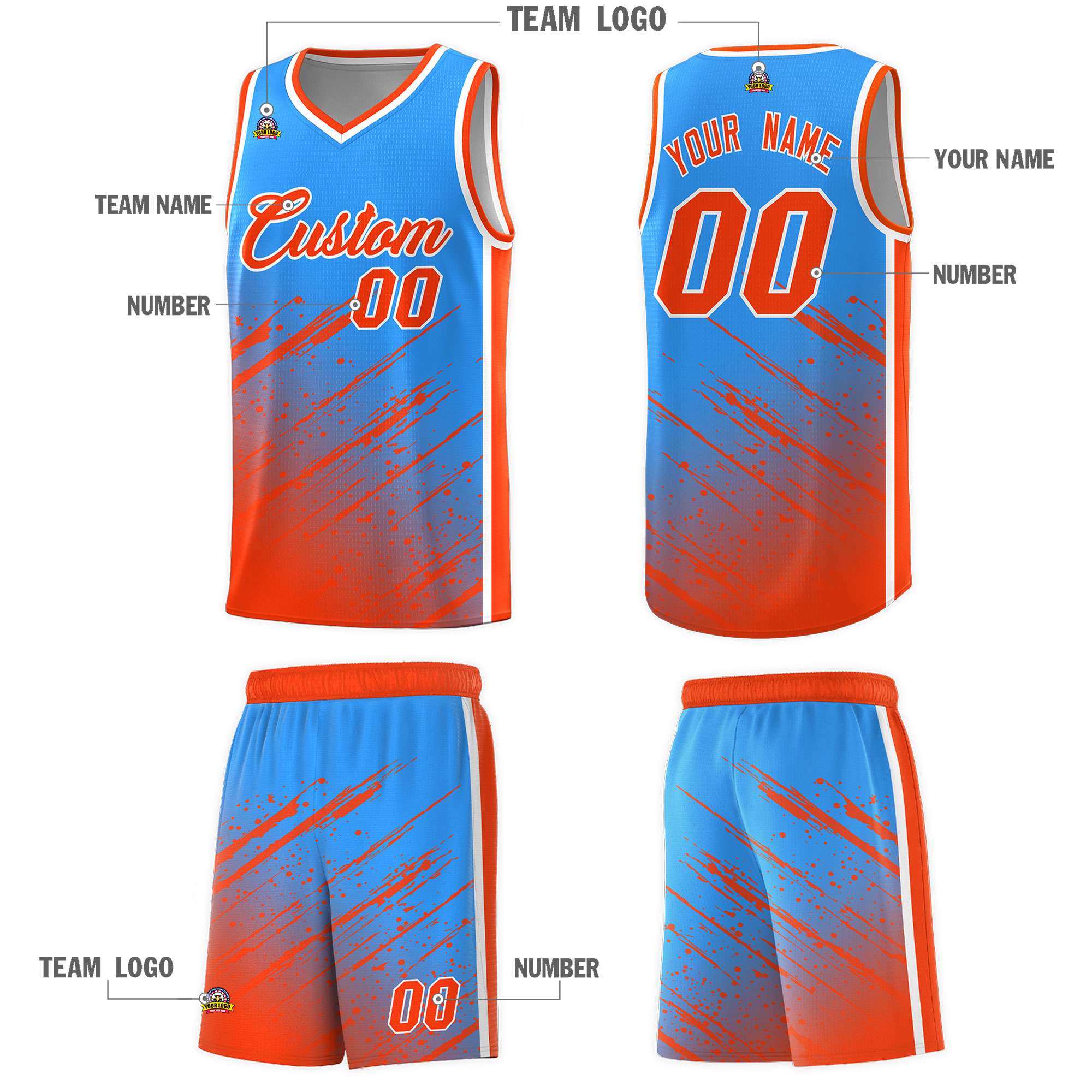 Custom Powder Blue Basketball Kits With Orange Paint Graffiti