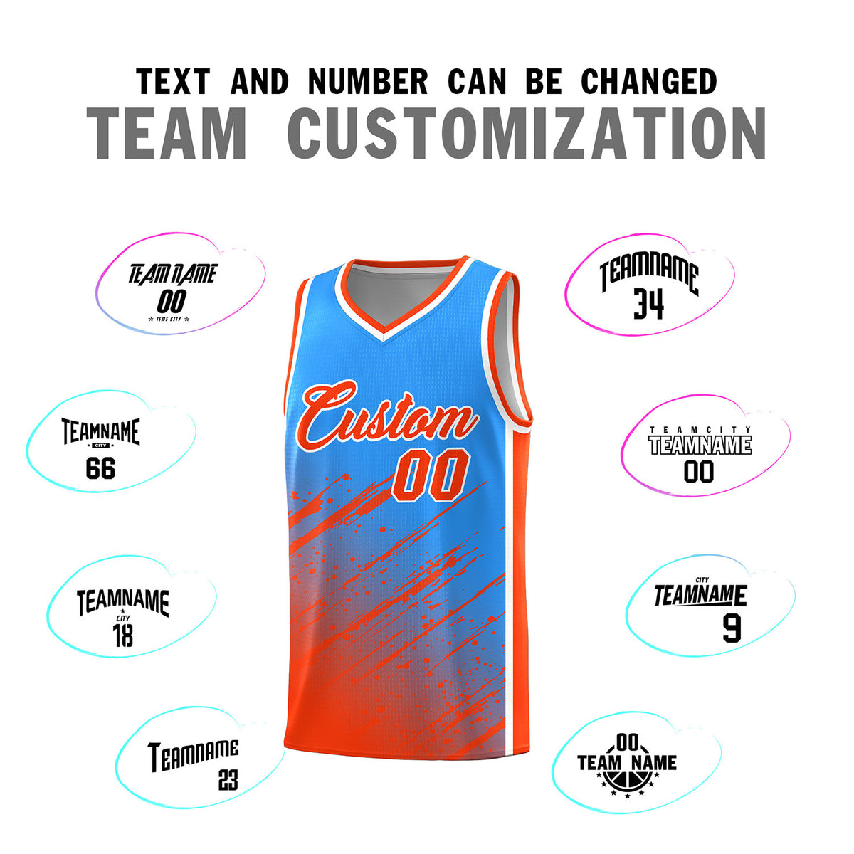 Custom Powder Blue Basketball Kits With Orange Paint Graffiti