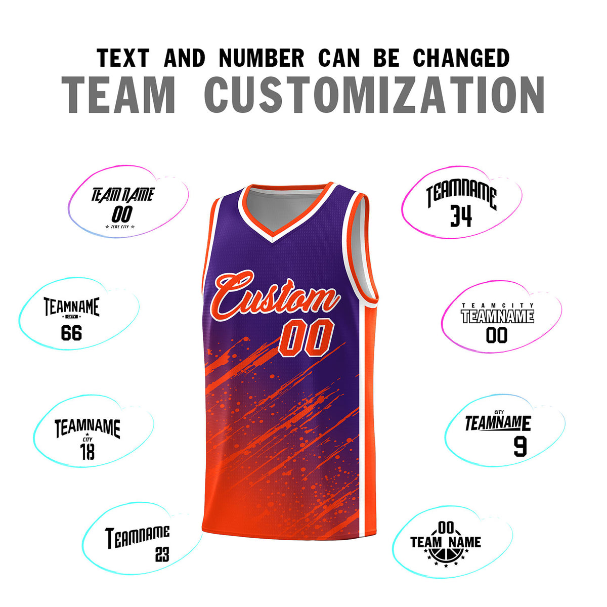 Custom Purple Basketball Kits With Orange Paint Graffiti