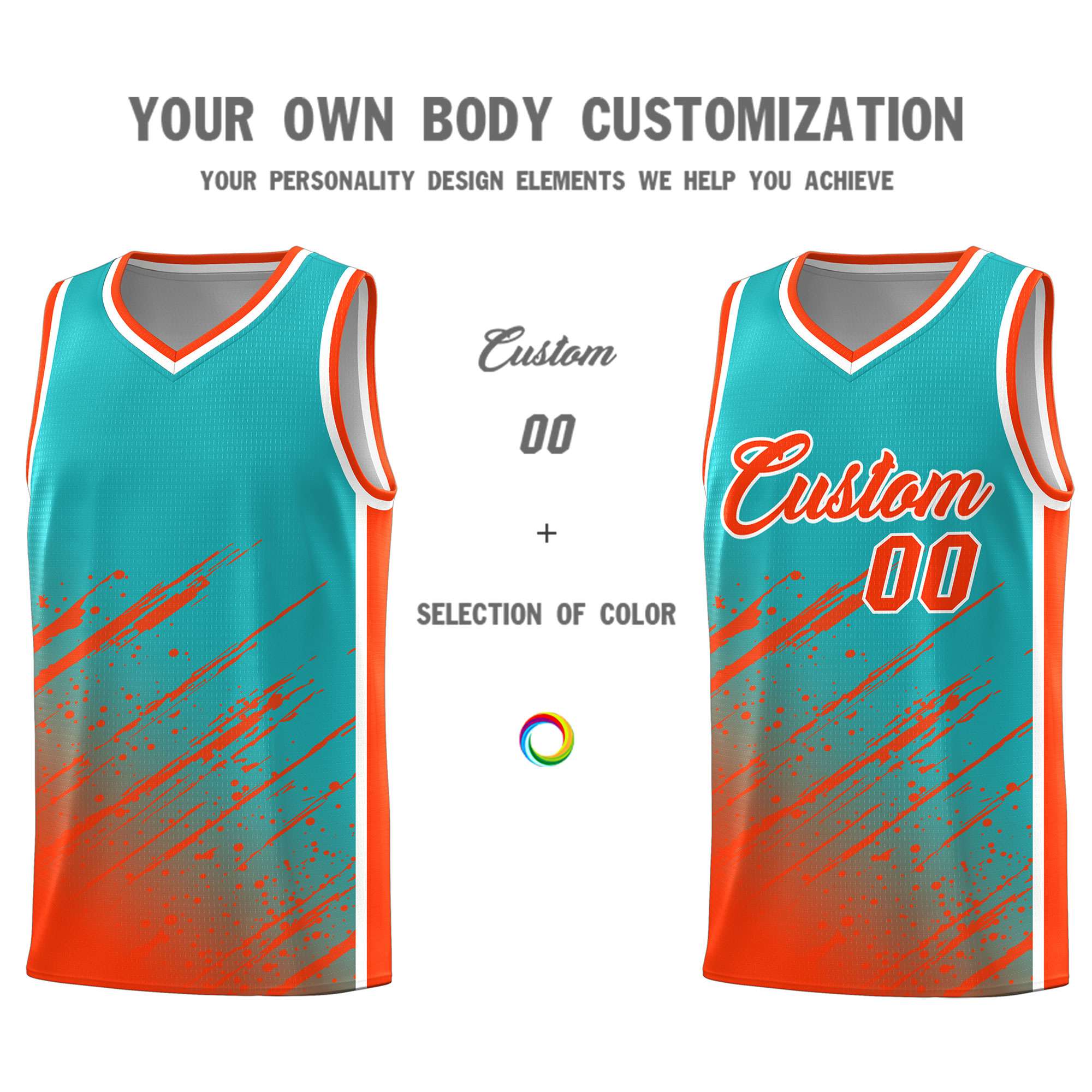 Custom Aqua Basketball Kits With Orange Paint Graffiti