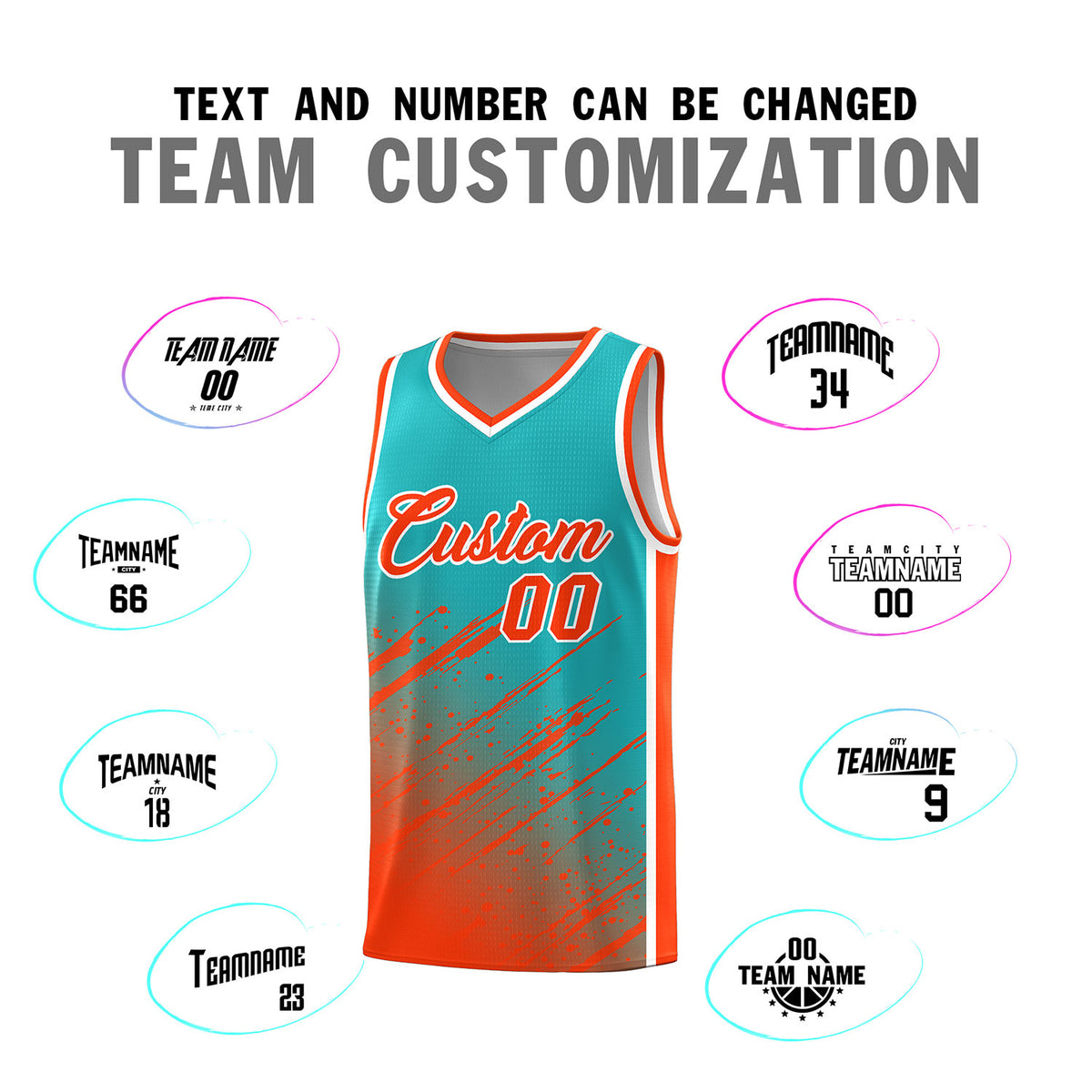 Custom Aqua Basketball Kits With Orange Paint Graffiti