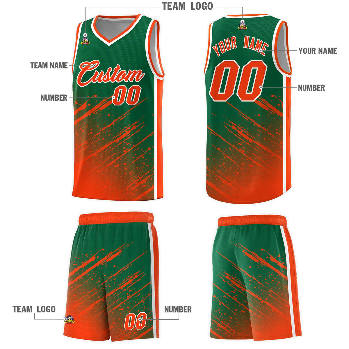 Custom Kelly Green Basketball Kits With Orange Paint Graffiti