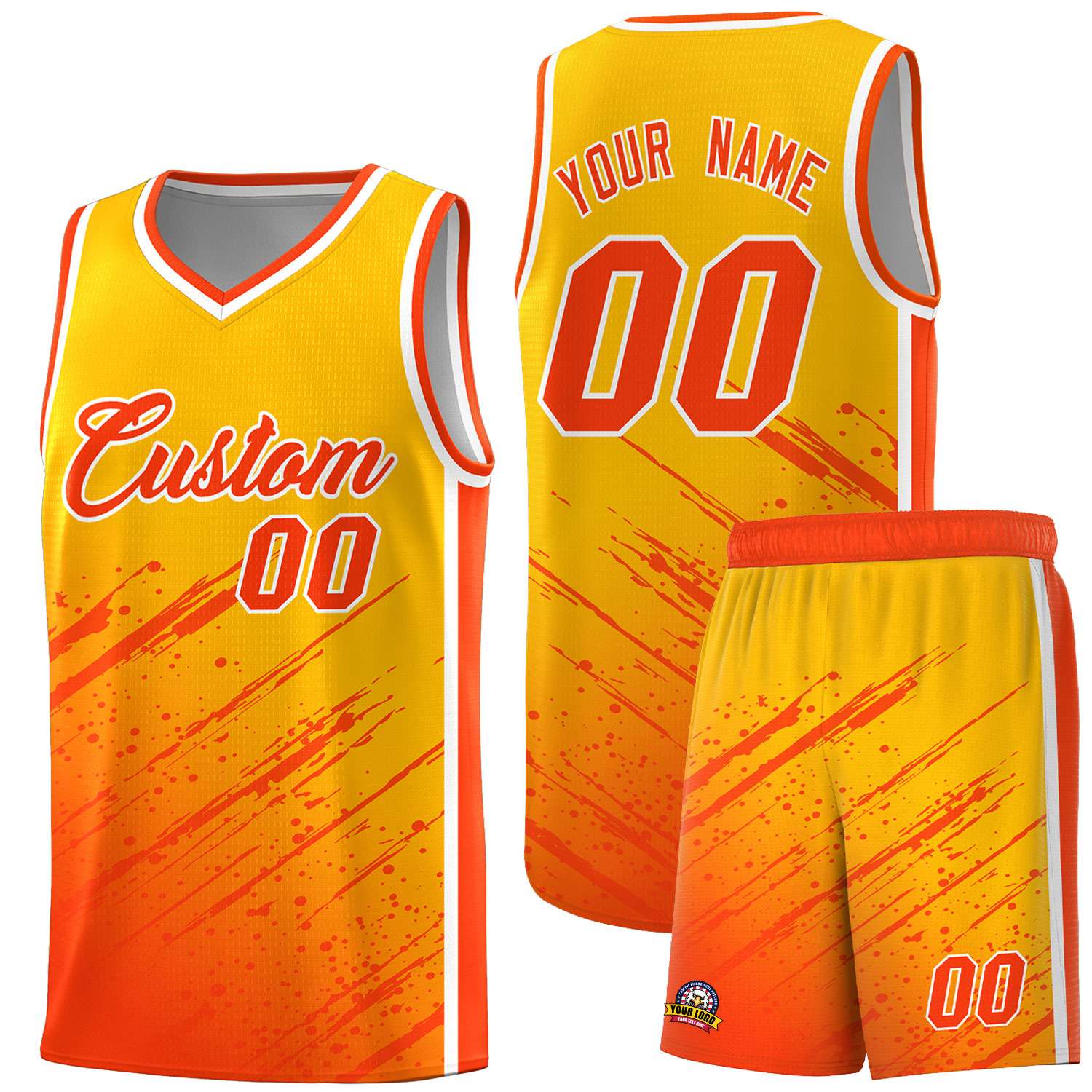 Custom Yellow Basketball Kits With Orange Paint Graffiti