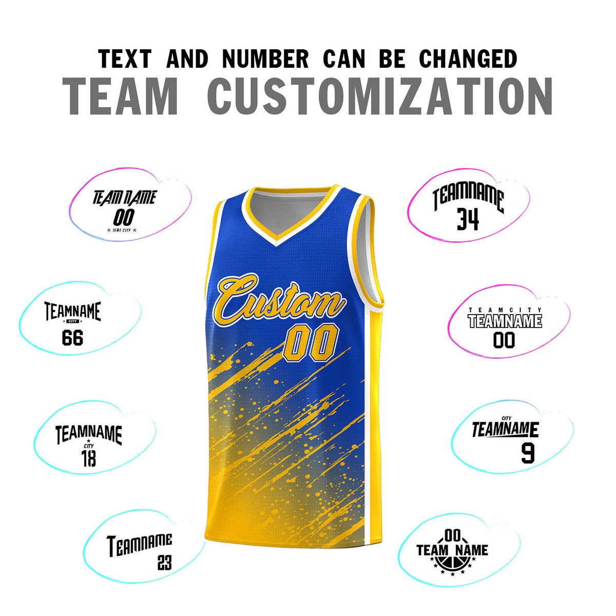 Custom Royal Basketball Kits With Yellow Paint Graffiti