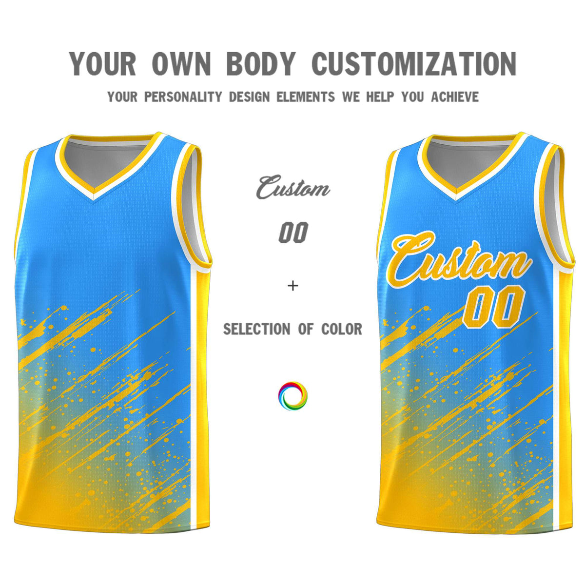 Custom Powder Blue Basketball Kits With Yellow Paint Graffiti