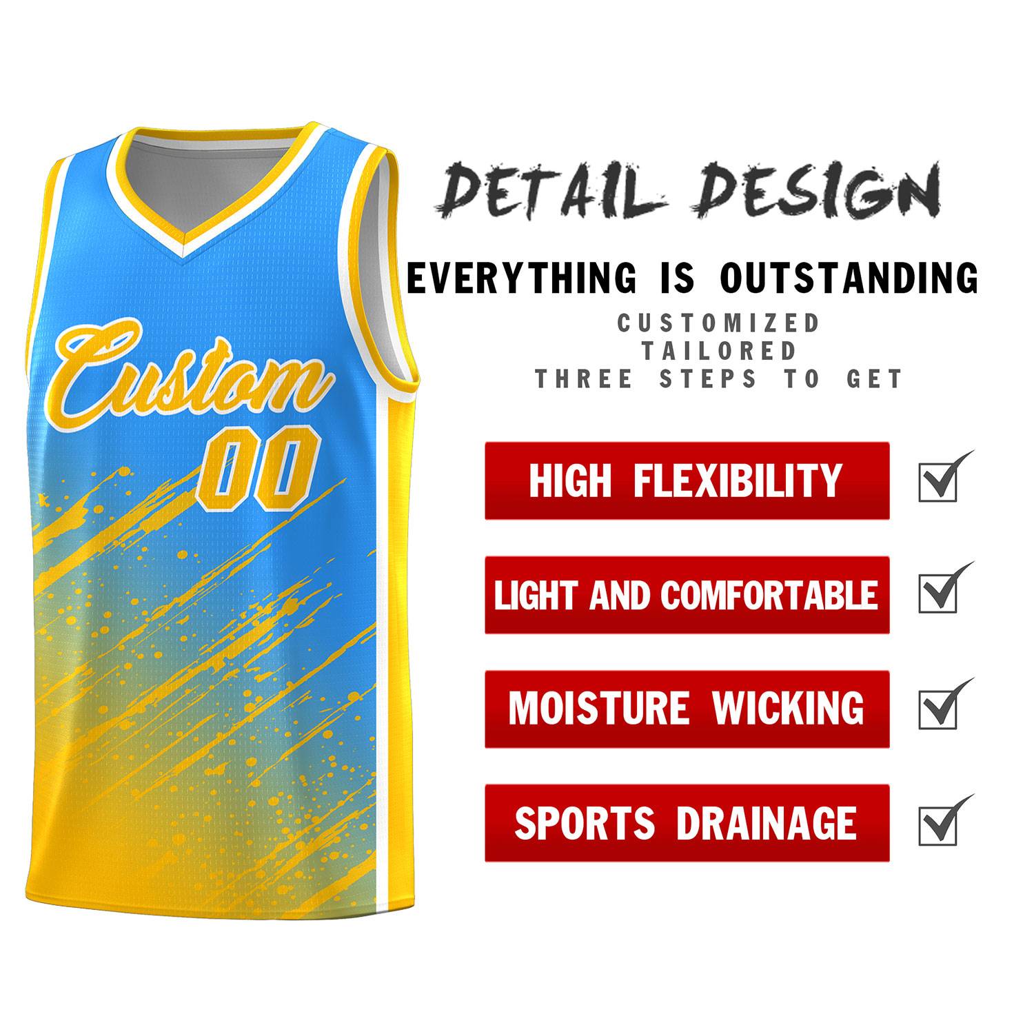 Custom Powder Blue Basketball Kits With Yellow Paint Graffiti