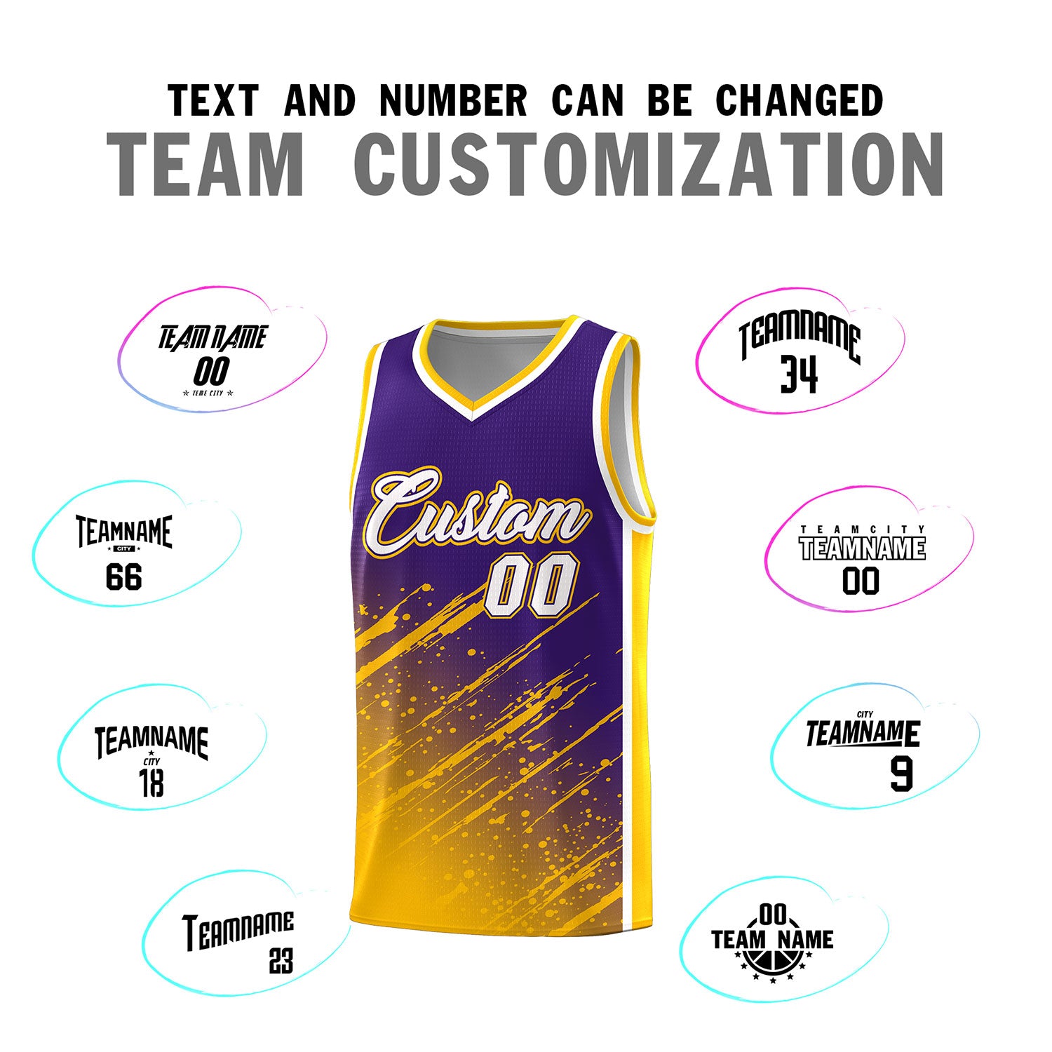 Custom Purple Basketball Kits With Yellow Paint Graffiti