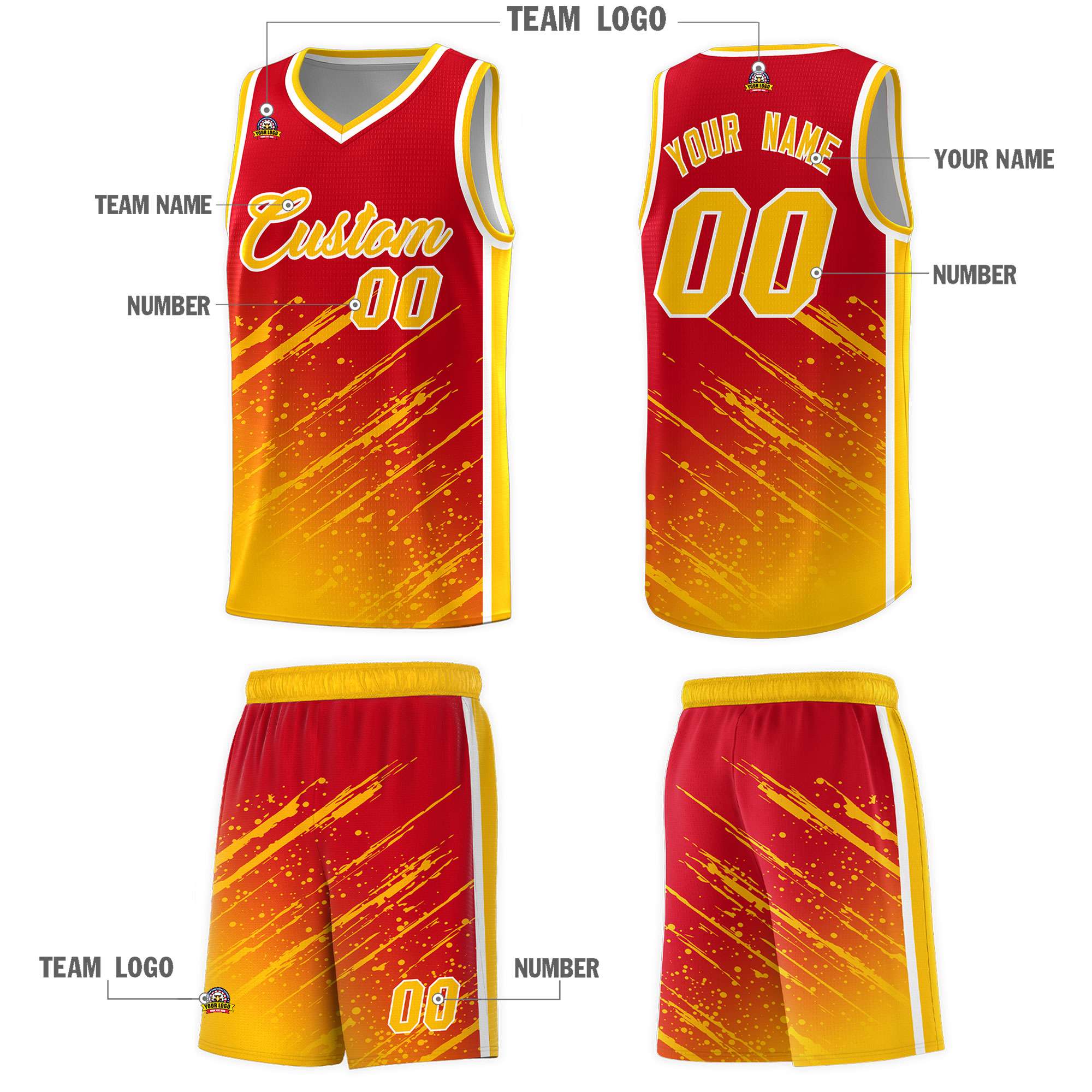 Custom Red Basketball Kits With Yellow Paint Graffiti