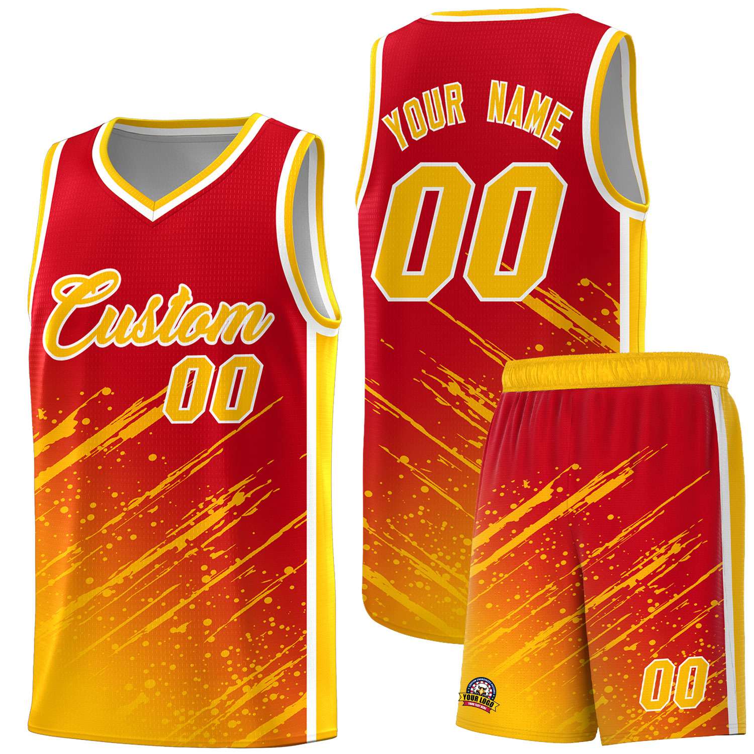 Custom Red Basketball Kits With Yellow Paint Graffiti