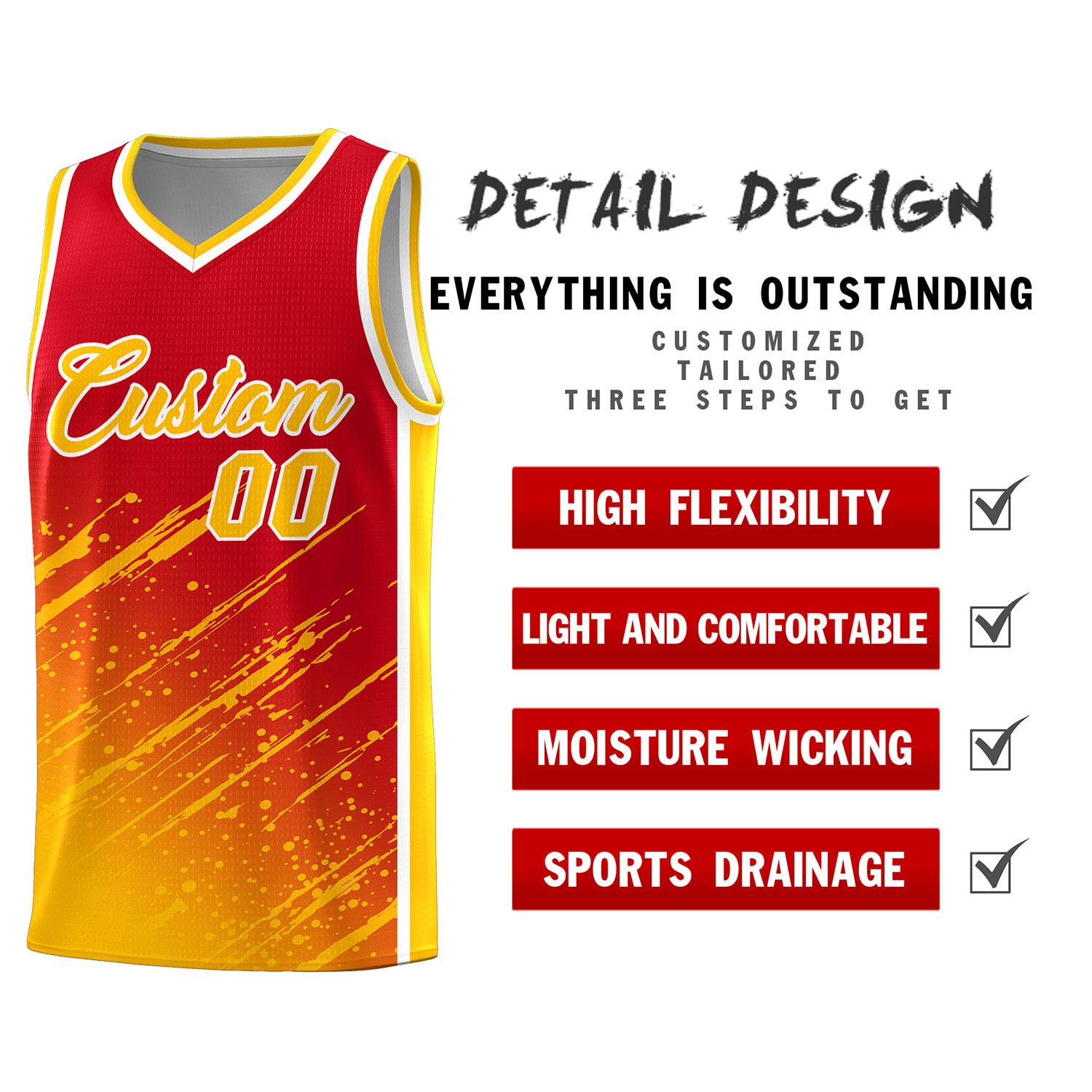 Custom Red Basketball Kits With Yellow Paint Graffiti