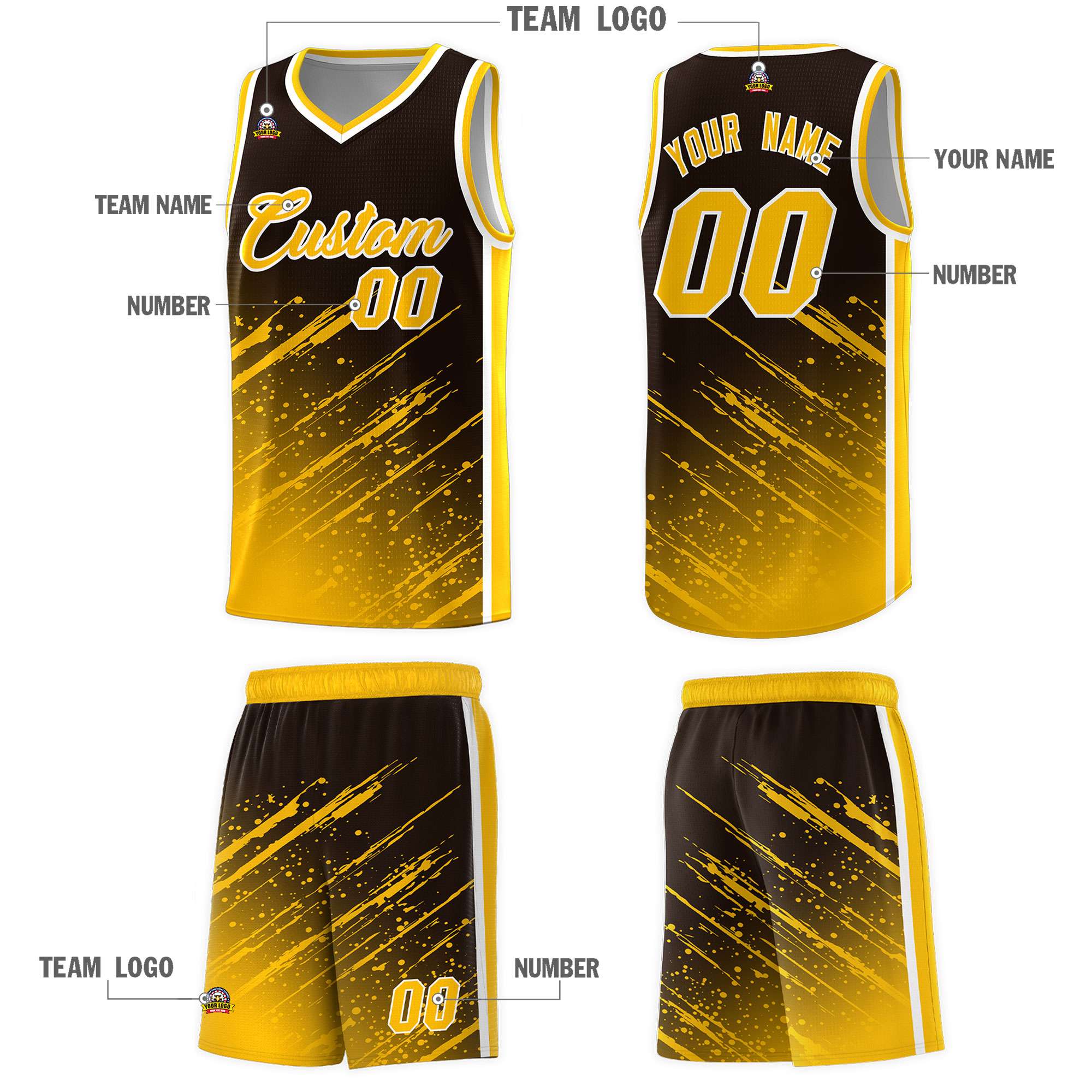 Custom Brown Basketball Kits With Yellow Paint Graffiti