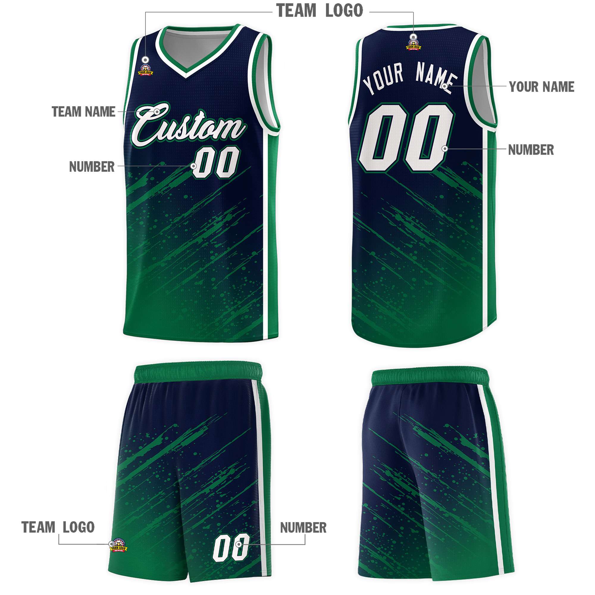 Custom Navy Basketball Kits With Kelly Green Paint Graffiti