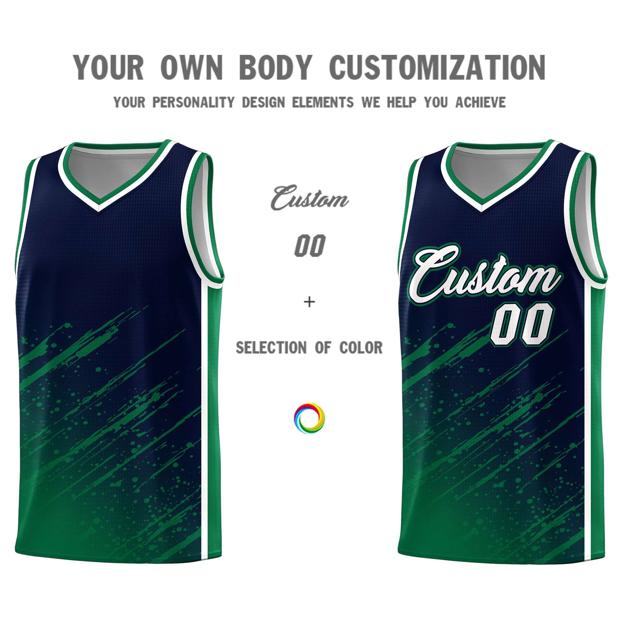 Custom Navy Basketball Kits With Kelly Green Paint Graffiti