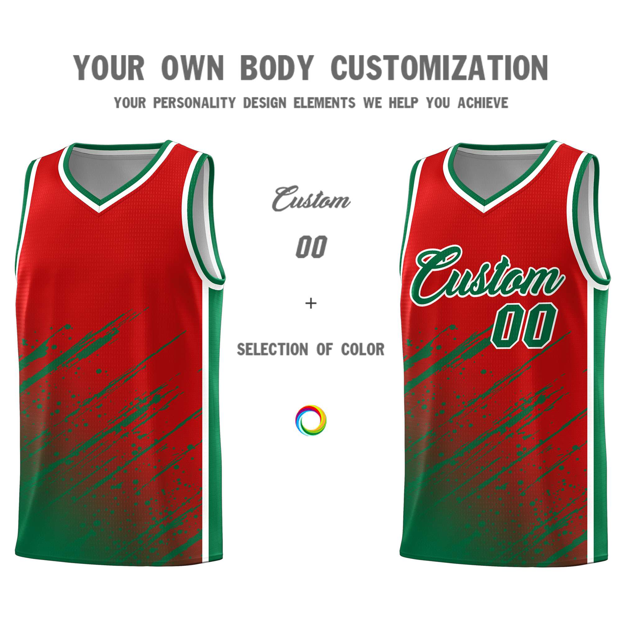 Custom Red Basketball Kits With Kelly Green Paint Graffiti
