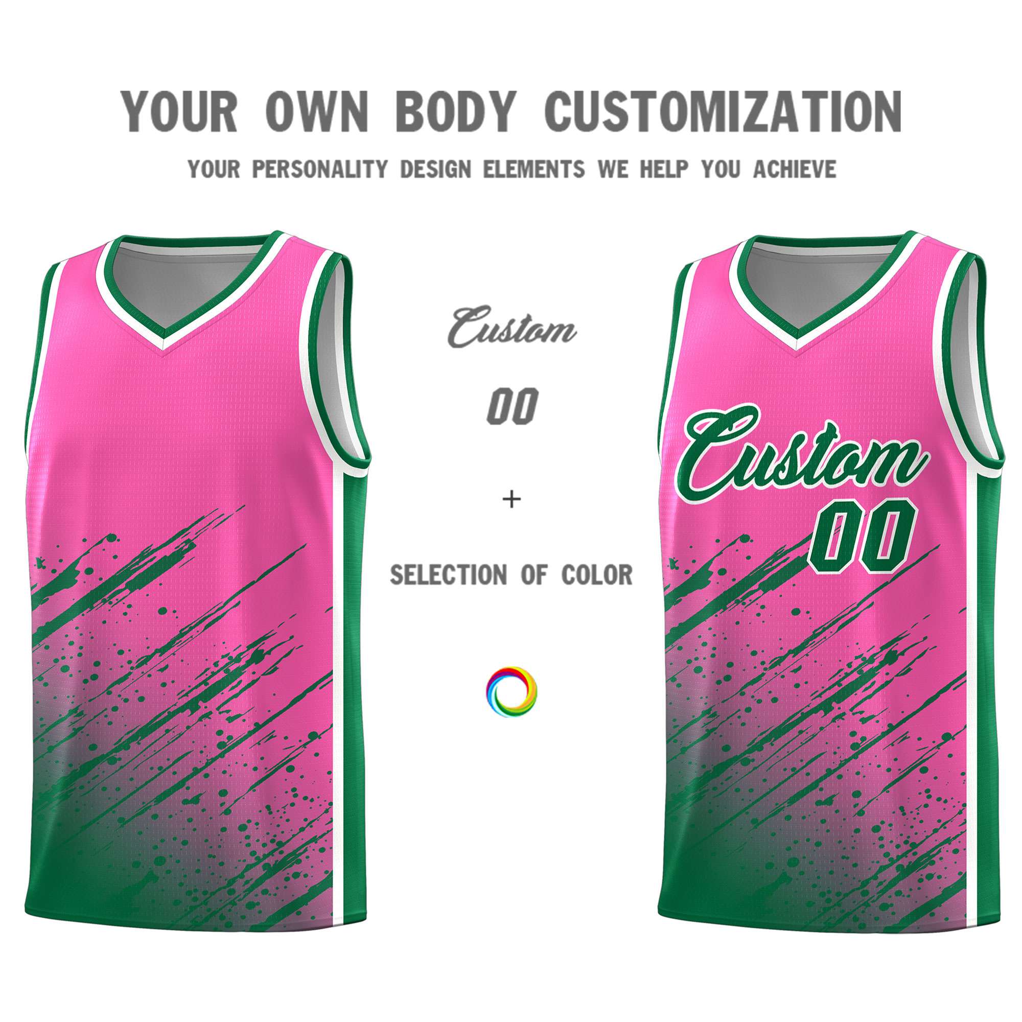 Custom Pink Basketball Kits With Kelly Green Paint Graffiti