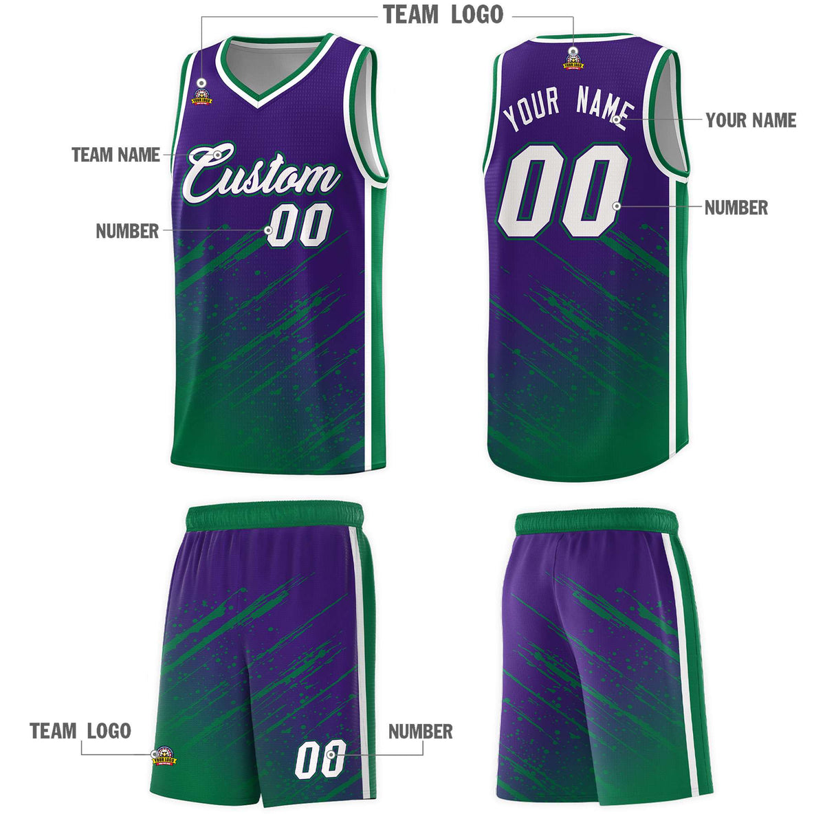 Custom Purple Basketball Kits With Kelly Green Paint Graffiti