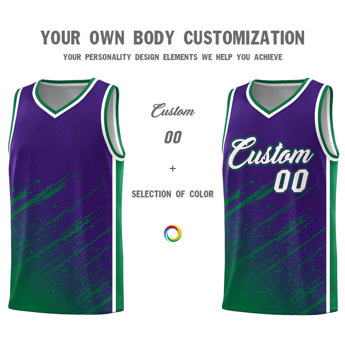 Custom Purple Basketball Kits With Kelly Green Paint Graffiti