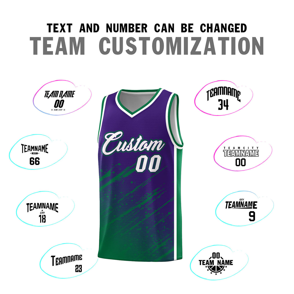 Custom Purple Basketball Kits With Kelly Green Paint Graffiti