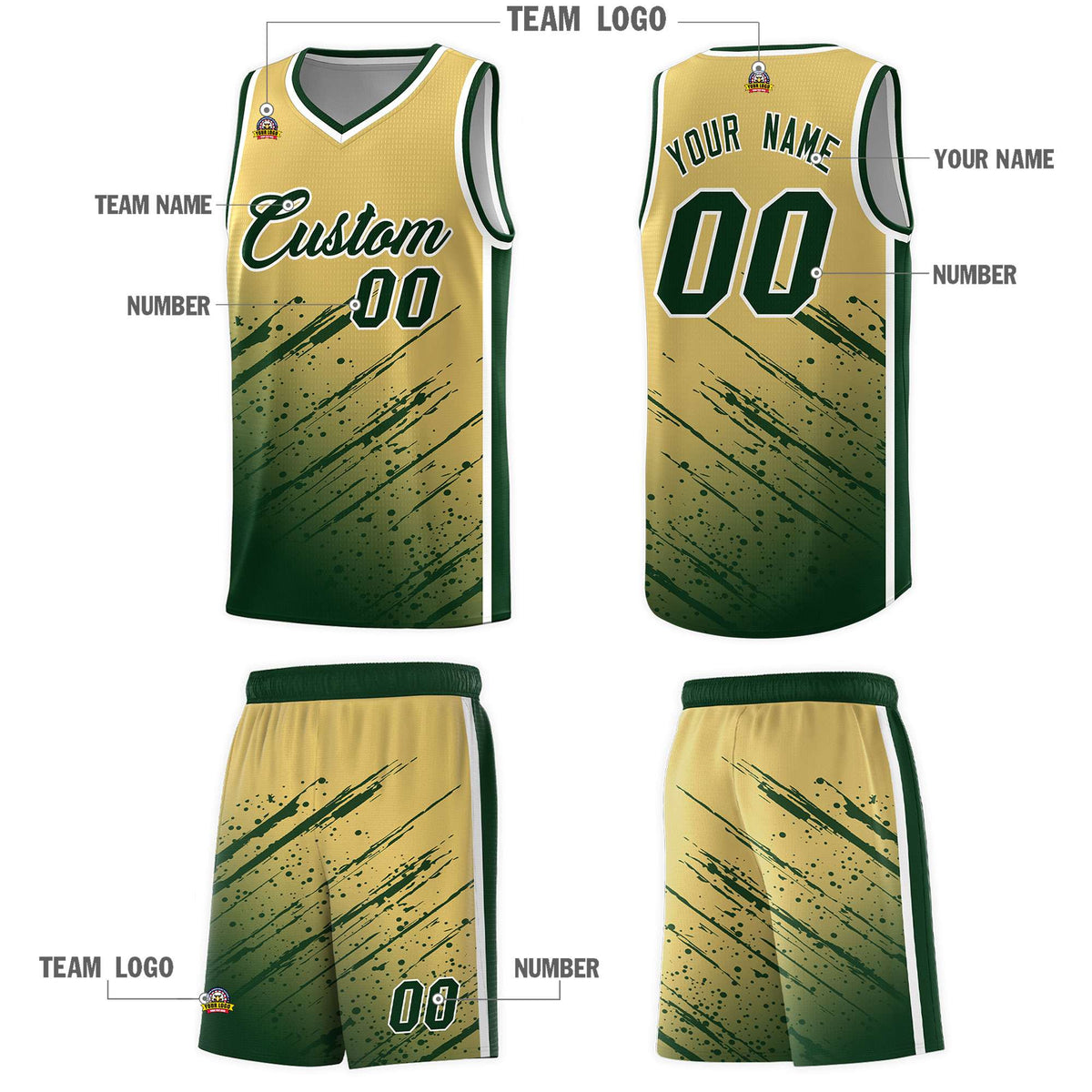 Custom Khaki Basketball Kits With Green Paint Graffiti