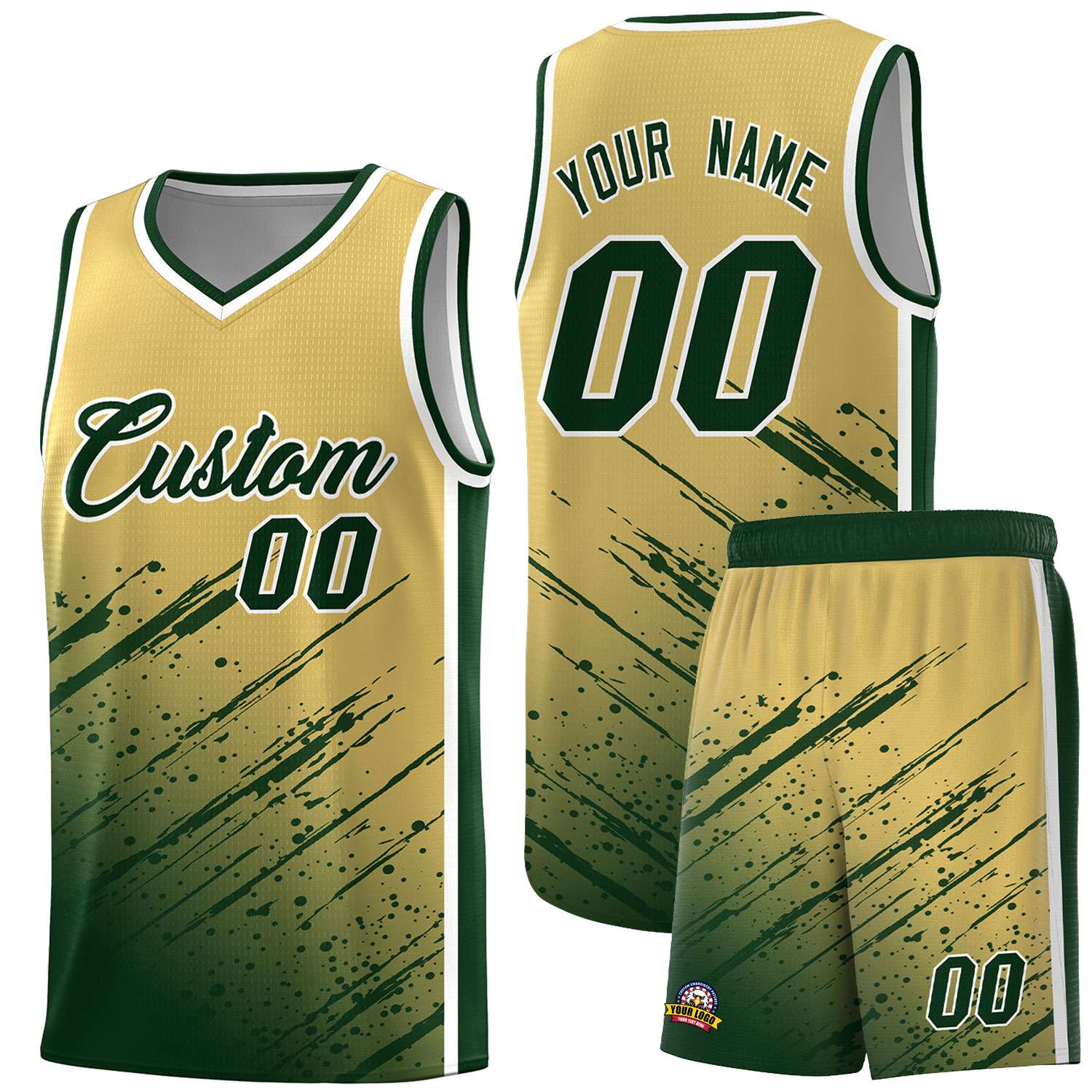 Custom Khaki Basketball Kits With Green Paint Graffiti