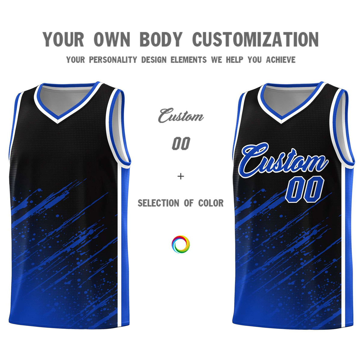 Custom Black Basketball Kits With Royal Paint Graffiti