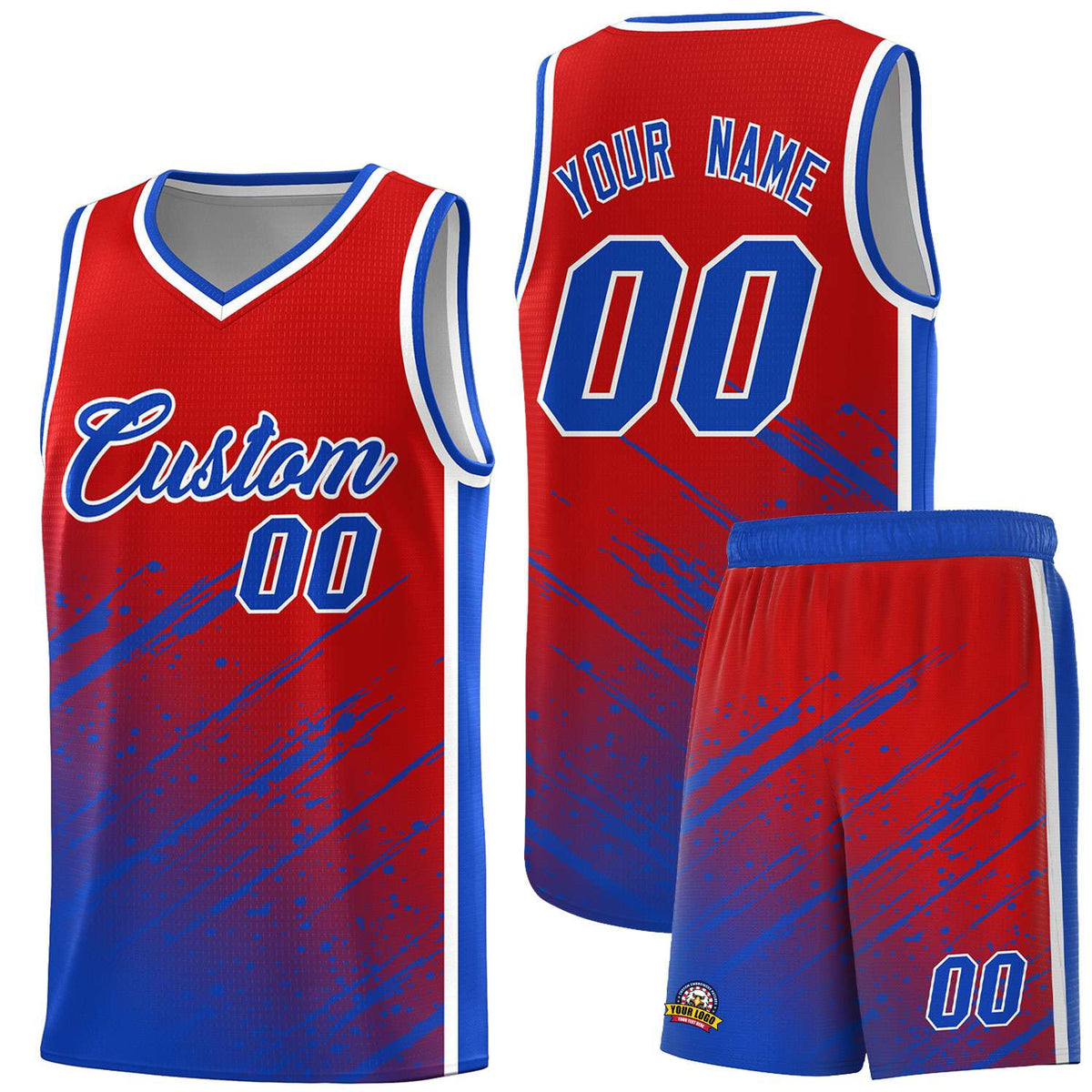 Custom Red Basketball Kits With Royal Paint Graffiti