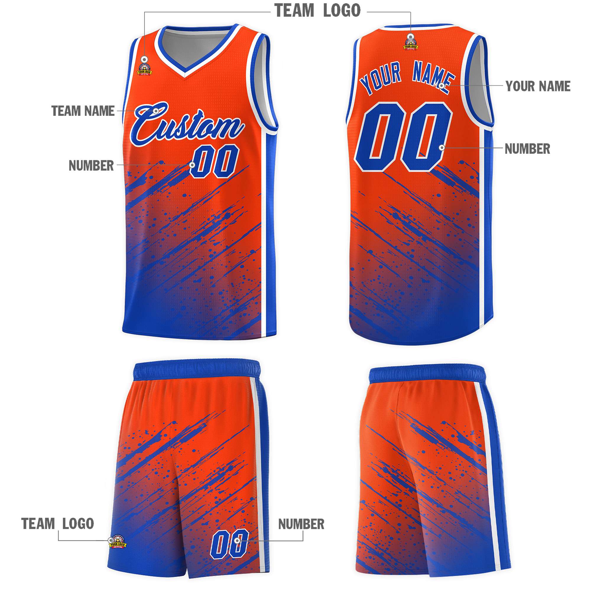 Custom Orange Basketball Kits With Royal Paint Graffiti