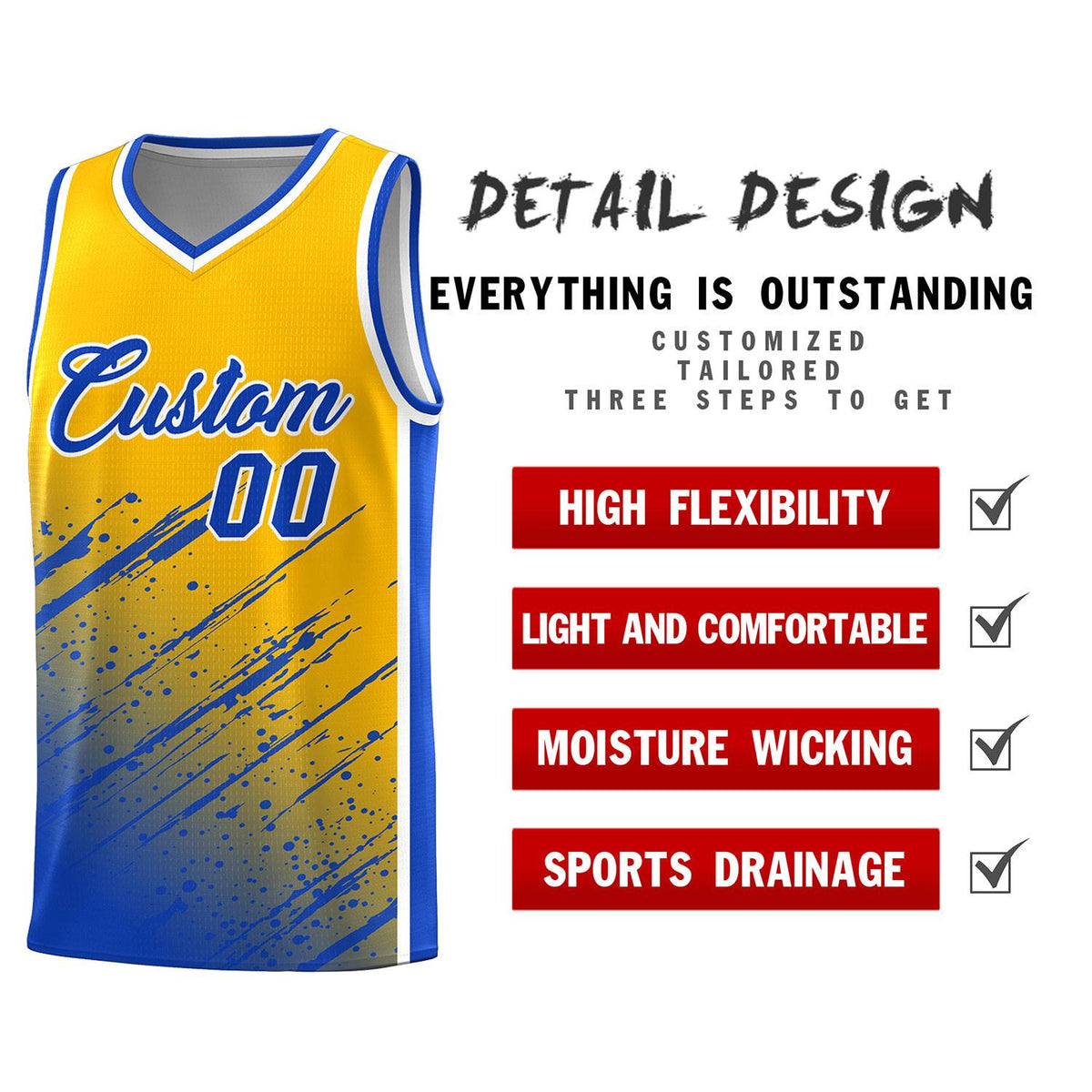 Custom Yellow Basketball Kits With Royal Paint Graffiti
