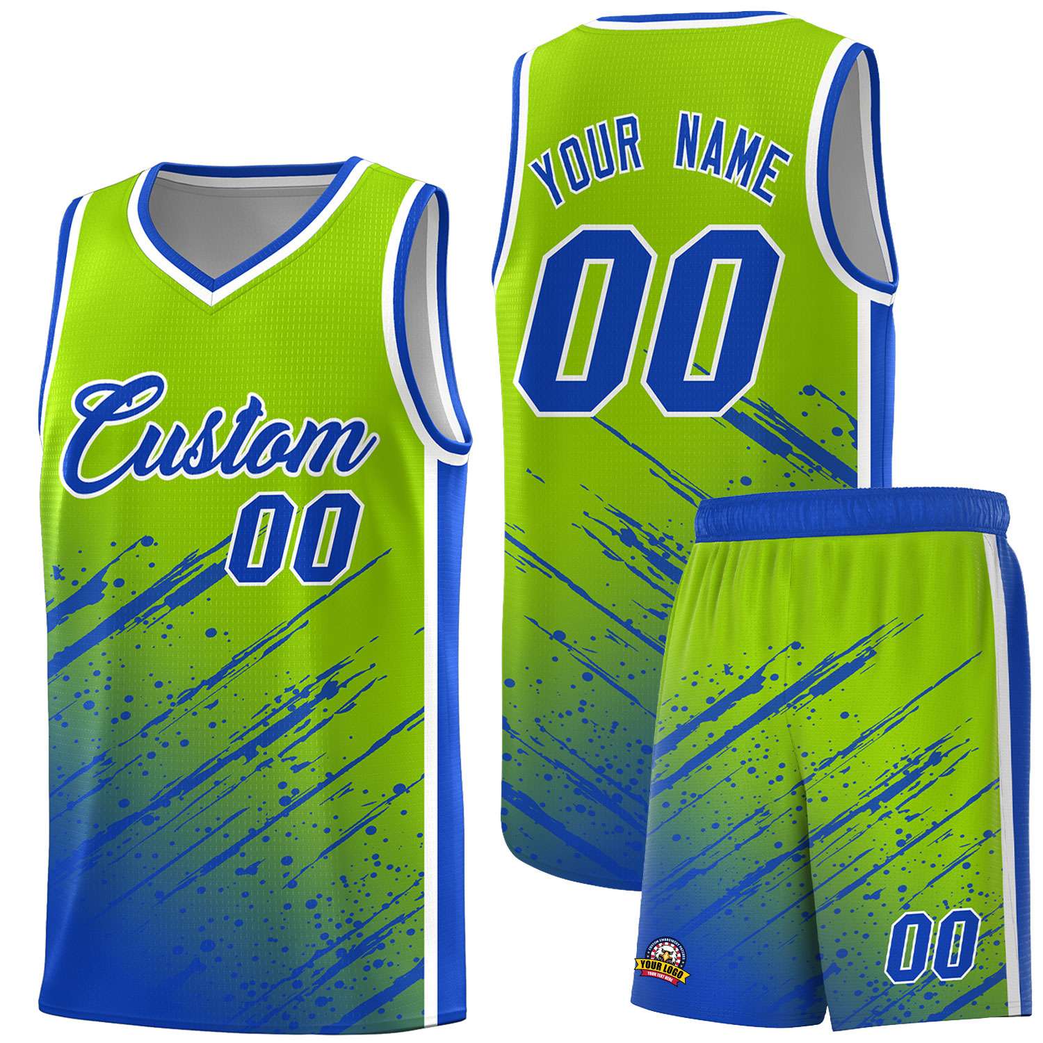 Custom Neon Green Basketball Kits With Royal Paint Graffiti