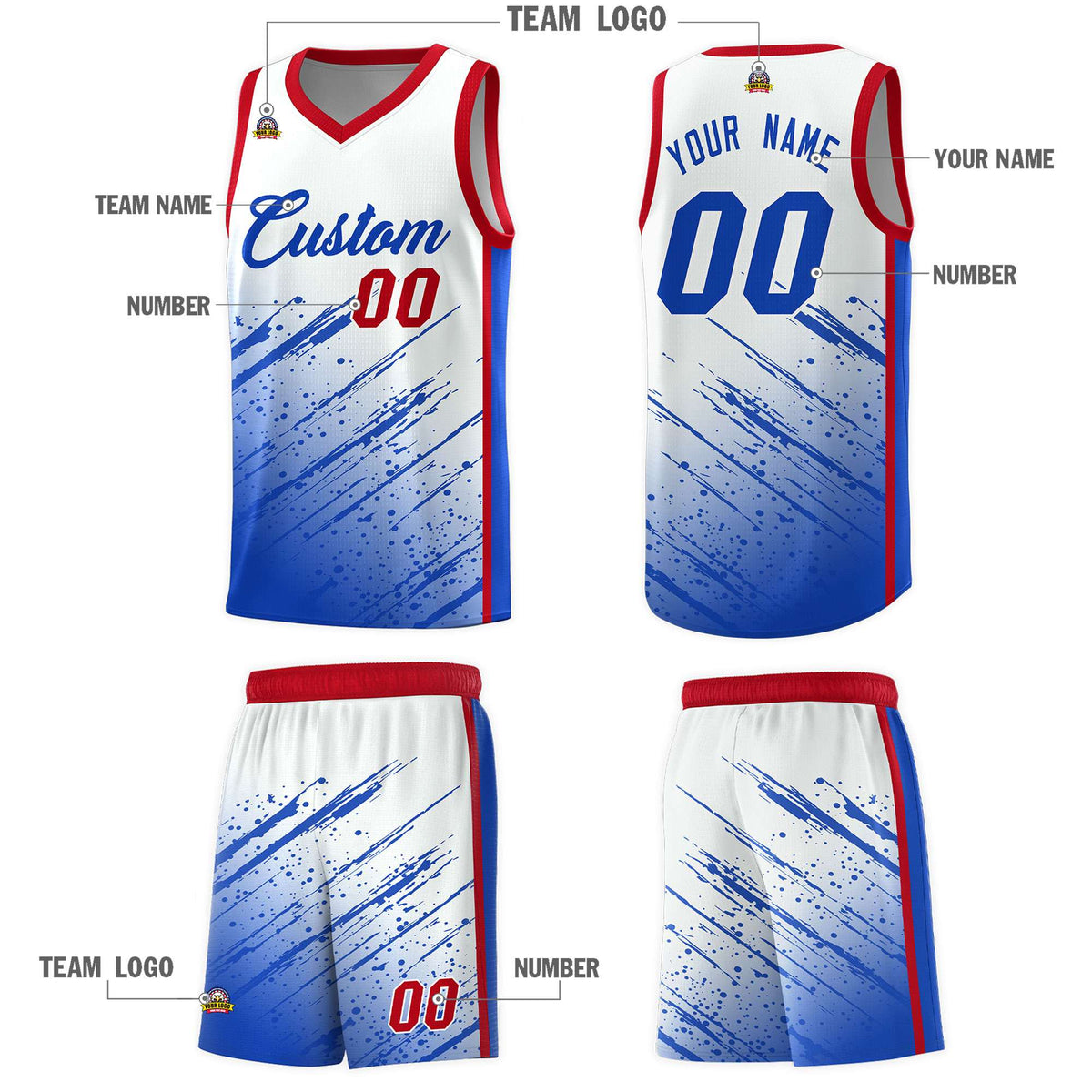 Custom White Basketball Kits With Royal Paint Graffiti