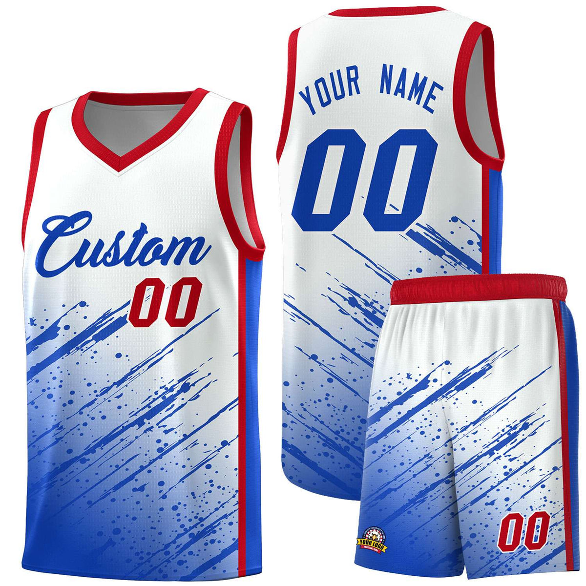 Custom White Basketball Kits With Royal Paint Graffiti