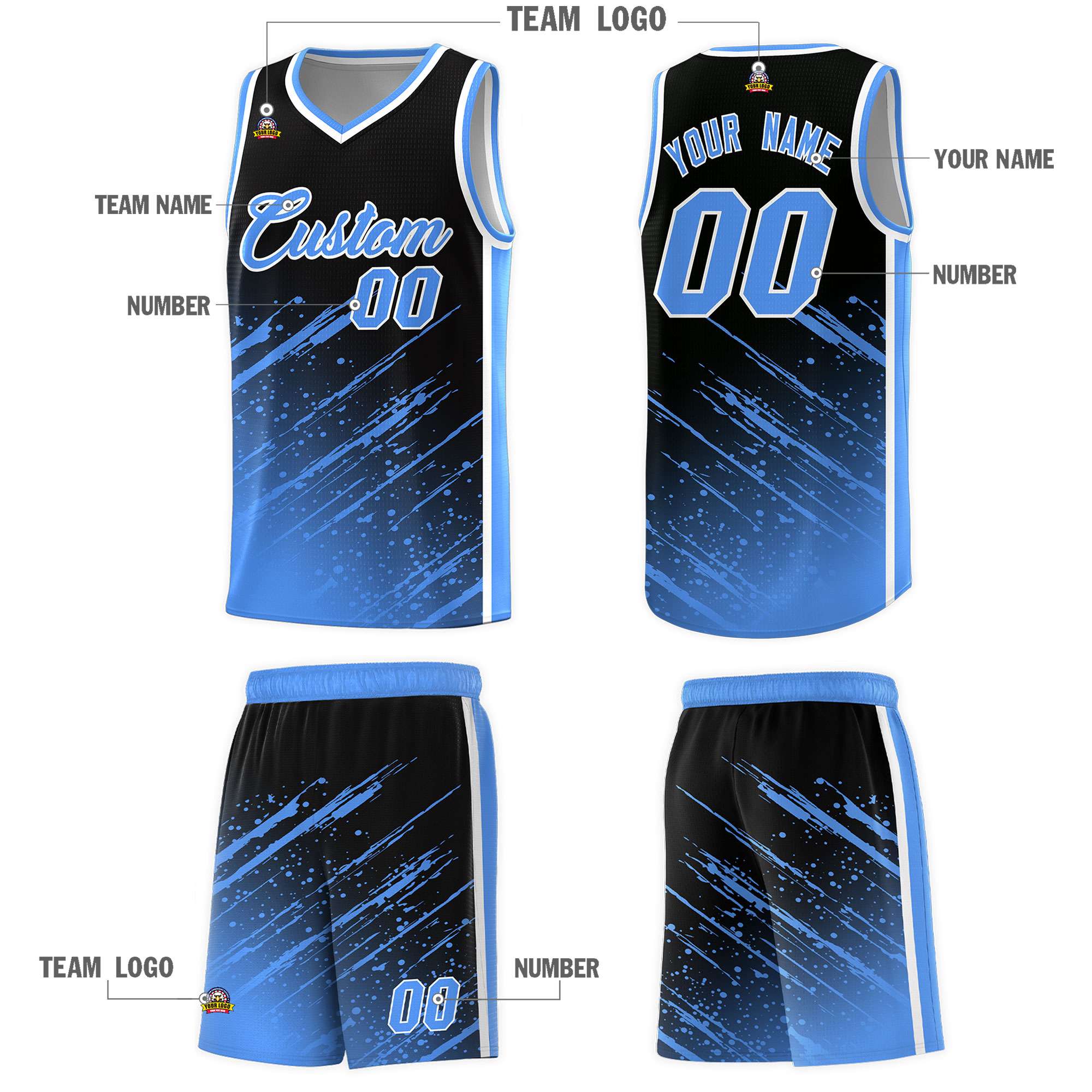 Custom Black Basketball Kits With Powder Blue Paint Graffiti