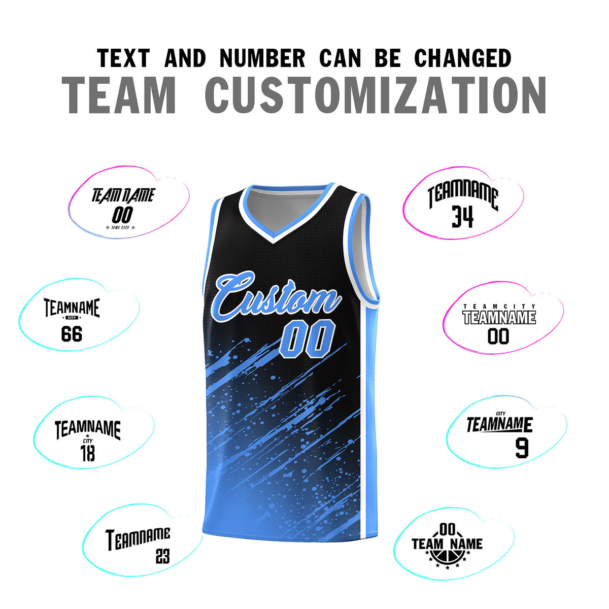 Custom Black Basketball Kits With Powder Blue Paint Graffiti