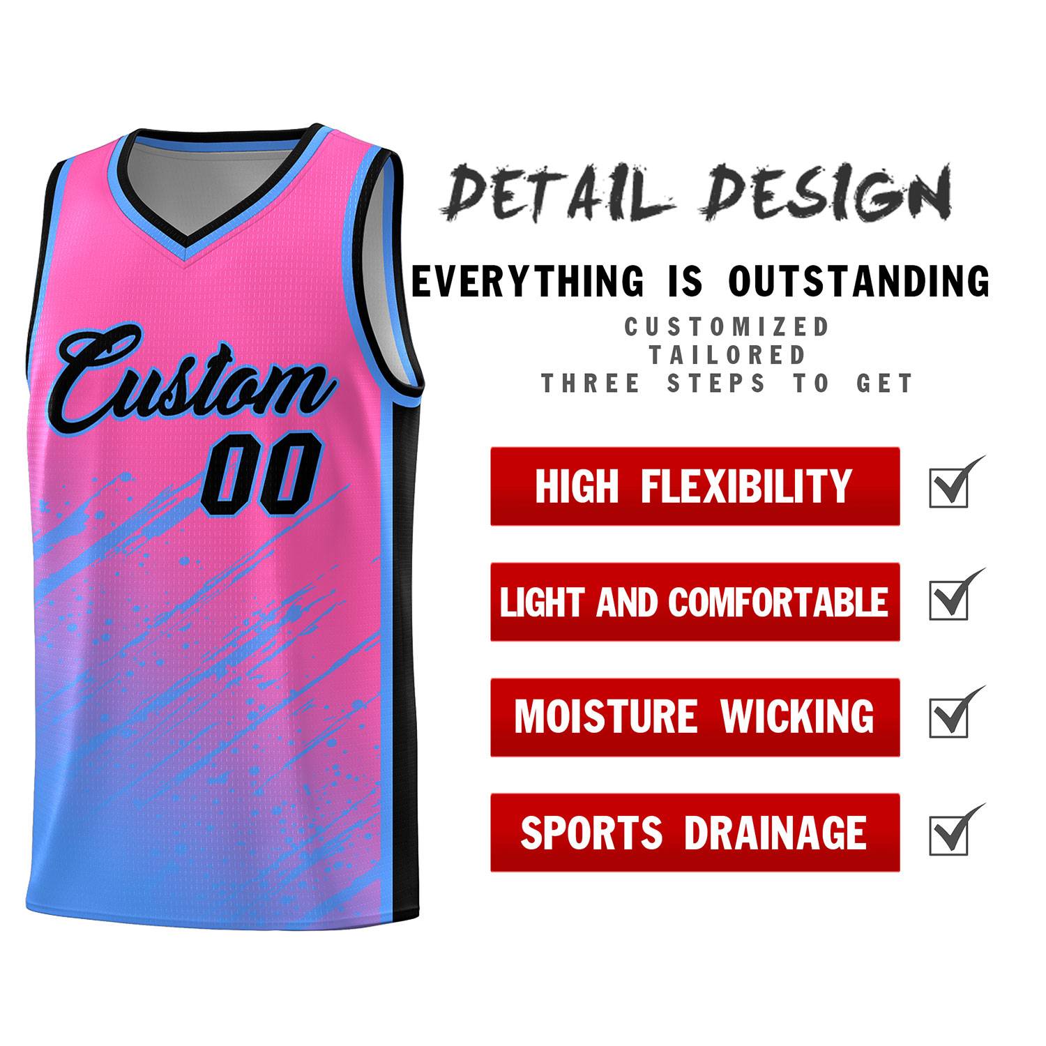 Custom Pink Basketball Kits With Powder Blue Paint Graffiti
