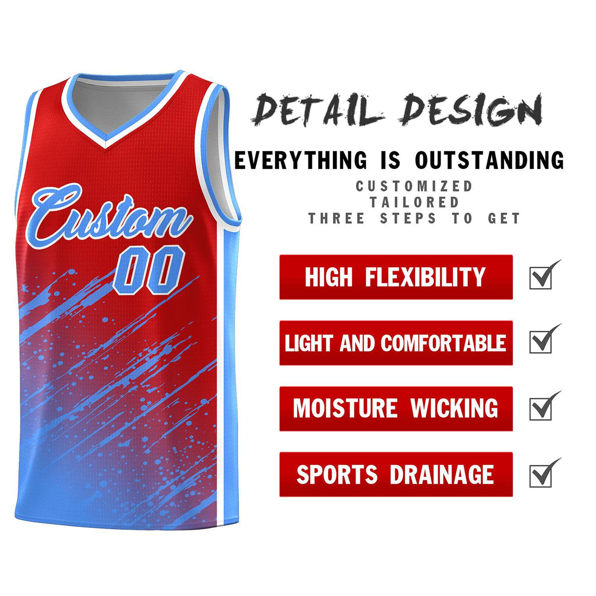 Custom Red Basketball Kits With Powder Blue Paint Graffiti