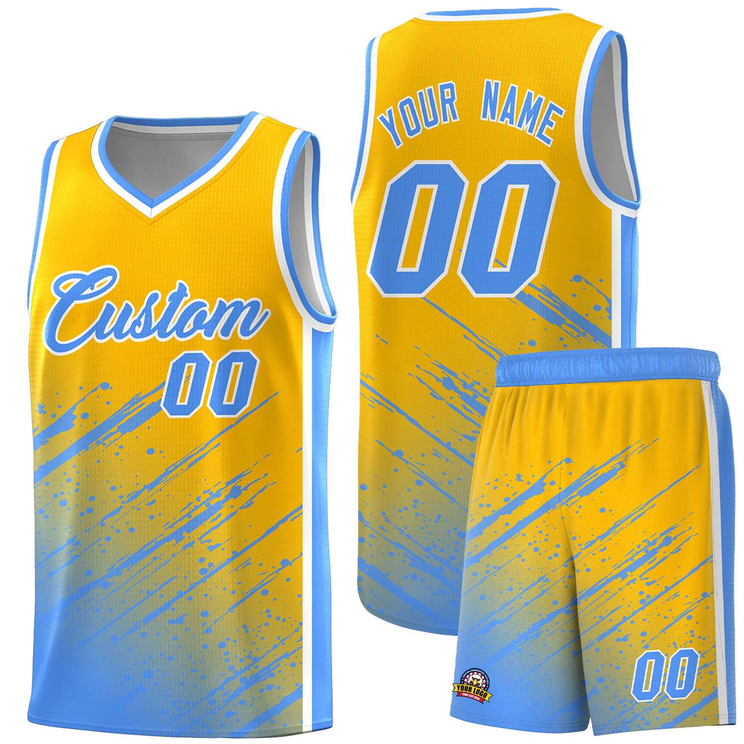 Custom Yellow Basketball Kits With Powder Blue Paint Graffiti