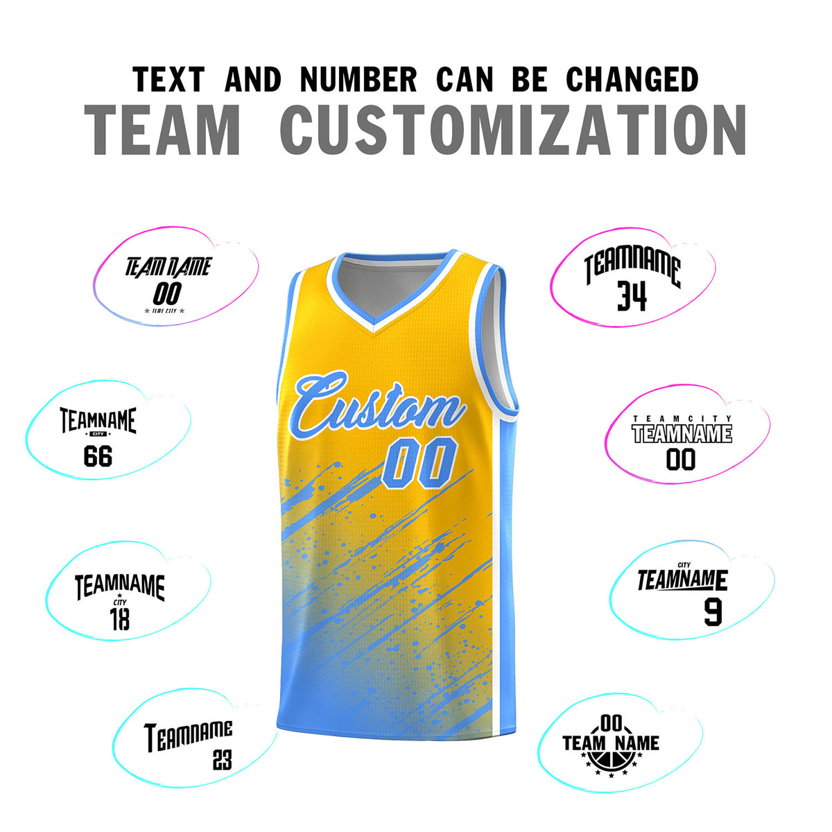 Custom Yellow Basketball Kits With Powder Blue Paint Graffiti