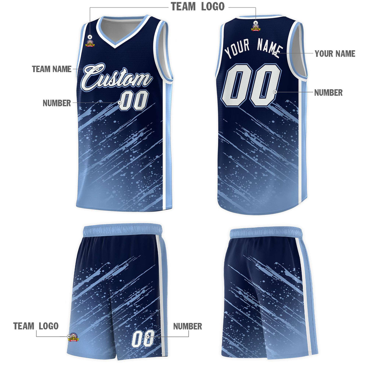Custom Navy Basketball Kits With Light Blue Paint Graffiti